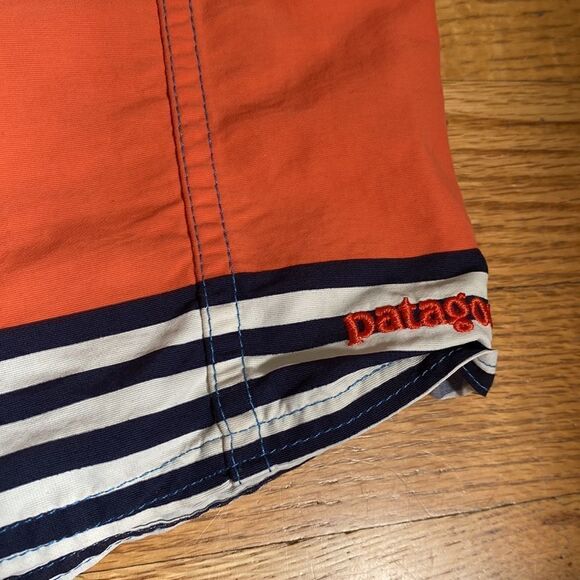 PATAGONIA Mens sz 30 swim trunks blue white and salmon stripes small spot shown - Picture 3 of 6